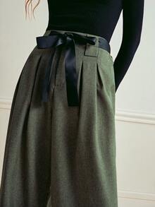 Écloséra Quần dài xếp ly cạp chun màu tương phản thường ngày cho nữ, mùa thu/đông - xanh quân đội - Xem 2