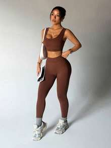 Dewbera Women's 2-In-1 U-Neck Sleeveless Top And Tight Leggings Set, Sexy Splice Design, Suitable For Sports, Casual, Yoga, Daily Wear Brown Yoga Set Y2k Leggings And Top Set Brown Workout Set Brown Athletic Set Tights Two Piece Set Women - Brown - View 6