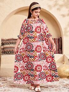 SHEIN Tween Girls All Over Print Flounce Sleeve Flared Hem Long Vacation Dress - Black - View 7
