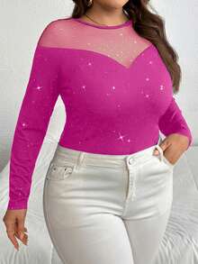 SHEIN Privé Áo kiểu tay dài phối sequin và lưới, cỡ lớn, lấp lánh, thanh lịch, thích hợp cho tiệc tùng, trà chiều, hẹn hò, hòa nhạc, công sở, kỳ nghỉ, năm mới. - Màu Hồng Tươi - Xem 4