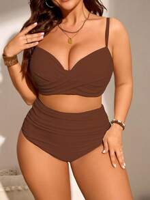 Swim Lushoire One Size Solid Color Ruched Tankini Bikini Set For Summer Beach - Brown - View 4
