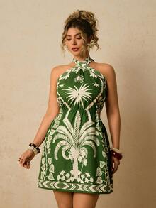 Travachic Plus Size Women Green Coconut Tree Print Dress, Criss-Cross Halter Neck Backless Dress, Hollow Out Waist Short Dress Tropical Dress Palm Tree Dress - Green - View 3