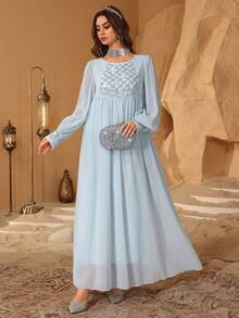 Al Najma Spring/Summer Boat Neck Luxurious Beaded & Rhinestone Embellished Flared Dress, Slimming - Blue - View 5