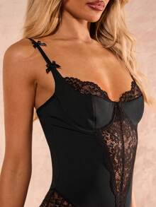 SHEIN Glamour Women's Fashionable Sexy Lace Patchwork Bodysuit - Black - View 7