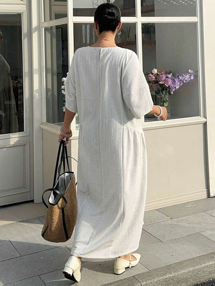 Dazy Plus Plus Size Loose Fit Crew Neck Short Sleeve Pleated Design Long Gray Casual Dress Sundress Vacation Outfits Women