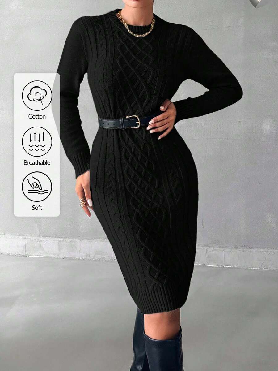 EURMUSE Women's Casual Solid Color Cable Knit Fitted Sweater Dress (Belt Not Included),Petite - Black - View 1