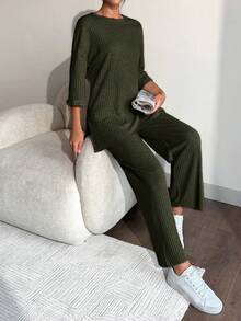 EURMUSE 100%Cotton Drop Shoulder Tee & Wide Leg Pants - Dark Green - View 6