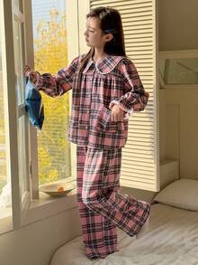 DAZY Tween Girls Plaid Long Sleeve Top And Pants Pajama Set, Fall Spring - Pink - View 7