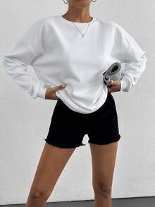 EURMUSE Solid Drop Shoulder Sweatshirt - White - View 3