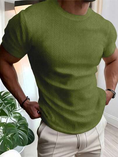 Manfinity Homme Men's Solid Color Round Neck Casual Commute Daily Wear Short Sleeve T-Shirt Men's Plain Tshirt Olive Green Graphic Tee Men Men's Casual Tops Men Shirts Short Sleeve Color Green Knit Tshirt Men