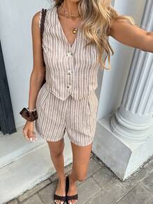 Serisse Women's Casual Striped Blazer Vest And Shorts Set, Summer - Apricot - View 6