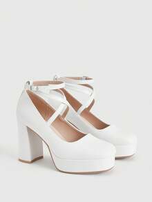 CUCCOO LuxiPop Women's Thick Sole Fashionable Buckle Design High Heel Shoes, Suitable For Party Occasions - White - View 2