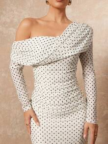 Lumalex 女士优雅性感酒红色不对称领交叉褶皱腰部开衩下摆长袖修身连衣裙，春夏款 - 杏色 - 查看 10