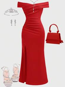 SHEIN Girlism 少女露肩褶皱优雅交叉开衩下摆派对连衣裙 - 紅色 - 查看 3