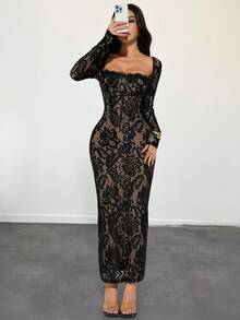 SHEIN PETITE 女士新款夏季派对约会晚宴性感S型蕾丝长袖罩杯鱼骨方领紧身黑色长裙舞会礼服，锐舞派对节服 - 黑色 - 查看 4