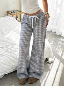 CovetEZ Women's Casual Plaid Lace-Up Loose Fit Pants - Blue - View 3