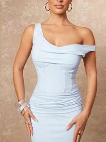 Lumalex 简约复古闪亮假日派对感恩节装扮狂欢节郊游游泳度假波西米亚风海滩热门户外层次丰富的婚礼季宴会成人礼海滩海边女士纯色浅蓝色不对称领口内置胸垫收腰连衣裙单肩连衣裙长款紧身连衣裙优雅连衣裙,秋季婚礼宾客连衣裙,夏季连衣裙,优雅连衣裙 - 淺藍色 - 查看 10