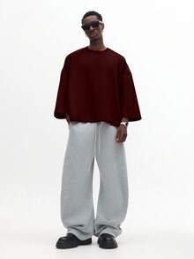 Áo nỉ tay dài dáng rộng vai rớt cổ tròn SUMWON, kiểu dáng thường ngày, phong cách đường phố, trơn - Màu Đỏ Sâu - Xem 3
