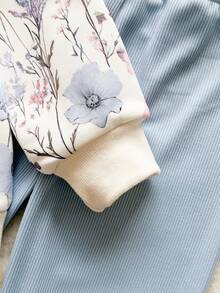 Vintaside Kids Bộ áo nỉ dài tay và quần legging gân màu vàng ombre họa tiết hoa dành cho bé gái, trang phục thời trang và dễ thương cho mùa xuân/thu. - Màu xanh lam - Xem 6