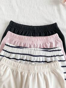 SHEIN Vintaside Kids 4pcs Set Girls Casual Solid & Black Fine Stripe Print Shorts, Pink, Black, White Stripe, Suitable For Summer Holiday Vacation Everyday Wear. Cute, Fashionable, Sweet And Charming, Made With Soft Comfortable Fabric And Playful Casual Style. Ideal For Beach Vacation, Park Outing, Daily Wear, Holiday Gatherings, First Birthday Parties, Sightseeing, Photoshoots, And Multiple Occasions. Perfect For Spring/Summer Wear - White - View 6