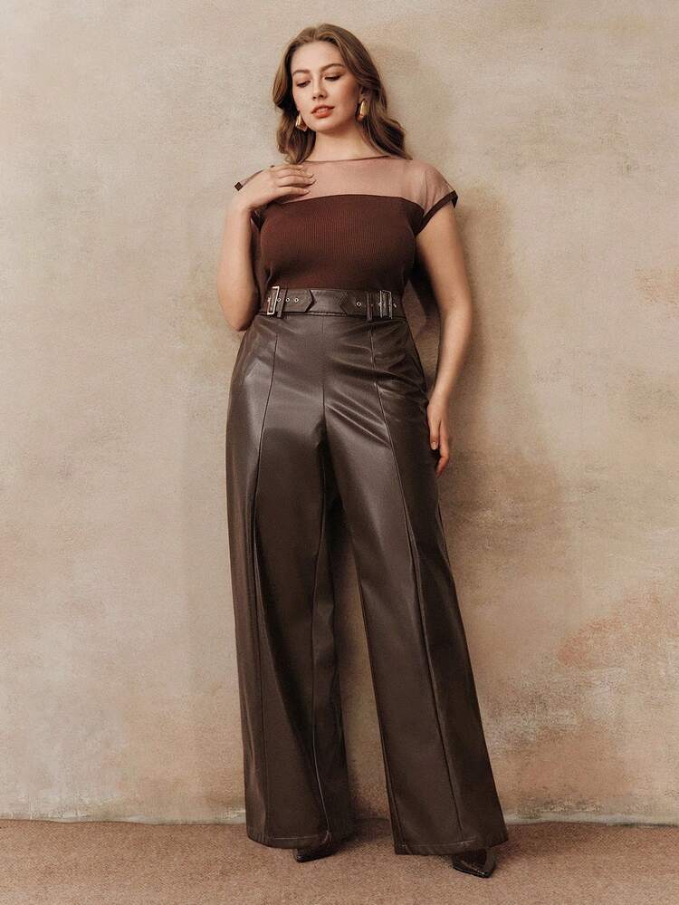 Plus Size Coffee Color Fashionable Commuter Wide Leg Pants, Autumn/Winter
