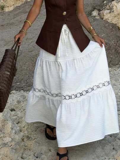 Pariaura 2026 New Arrival Women's White Textured Fabric Tiered Cake Skirt Long Spliced Bow Tie Sash Wide Flared Hem Lace Ruffle Trim Casual Office Minimalist Vacation Midi Skirt Skirt Summer White Maxi Skirt Lace Trim Skirt White Boho Skirt Cotton Skirt White Skirt Summer Skirt Long White Skirt