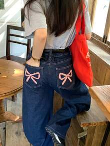 DAZY Women's Washed Bow Denim Jeans, Casual Retro Street Style - Blue - View 1
