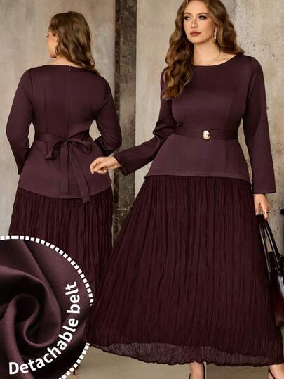 Roveilla Vestido de 2 en 1 de talla grande para mujer, de unicolor elegante, con parches, pliegues en el bajo y cinturón, para primavera/otoño