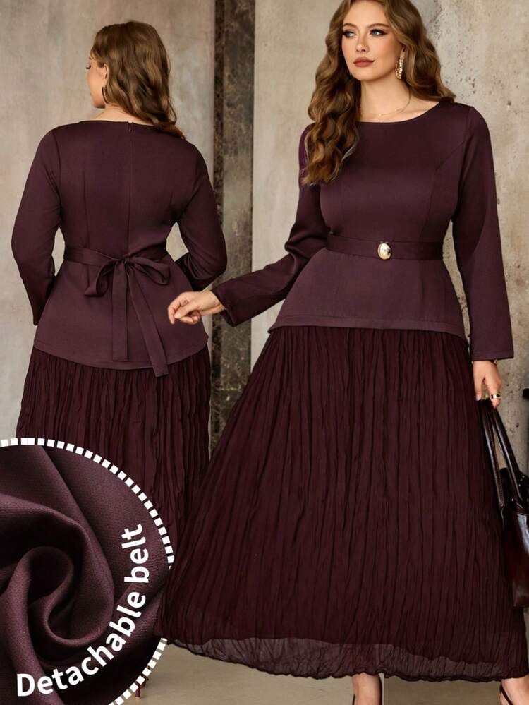 Roveilla فستان نسائي أنيق بألوان صلبة مع قصة مرقعة وذيل منسدل مزين بحزام، موديل 2 في 1، مناسب للربيع والخريف - لون كستنائي - مشاهدة 1