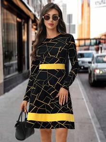 Editum 几何印花A字长袖连衣裙，黑色撞色连衣裙，女士秋冬连衣裙 - 彩色 - 查看 6