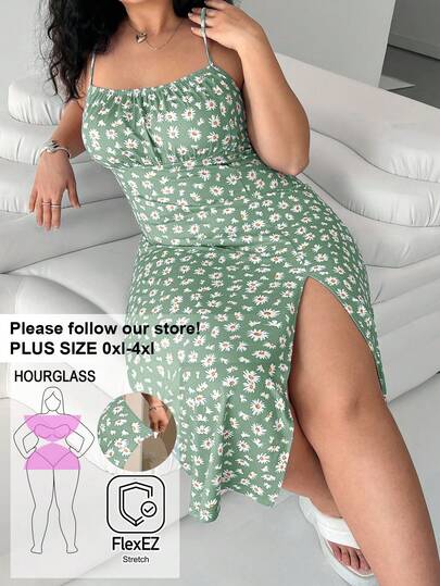 Solflare Vestido casual con tirantes de espagueti y estampado todo sobre, bajo con abertura para mujer talla grande, ropa de playa, estilo bohemio, ropa de primavera, vestido de fiesta de vacaciones, vestido hawaiano para mujer, vestido casual para mujer