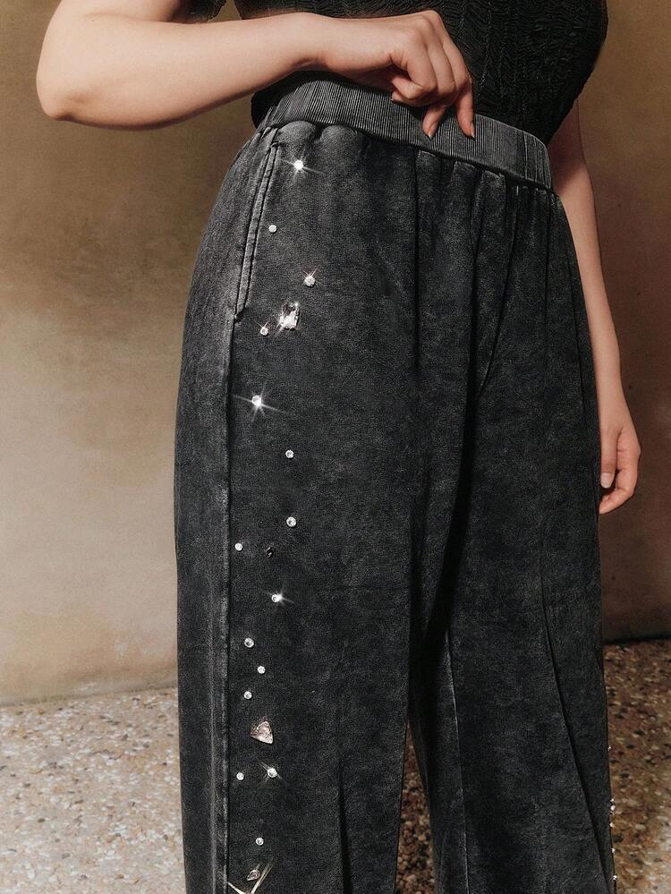 New Fashion Design Women's Asymmetrical Pearl Beaded Washed Effect Straight Leg Plus Size Casual Pants