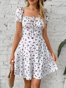 Breezaya Đầm midi cổ vuông, thắt eo, họa tiết hoa, thích hợp cho kỳ nghỉ biển, trang phục nữ. - Hồng - Xem 4