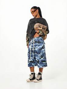 SUMWON WOMEN Quần short denim cargo họa tiết rằn ri, đính ngọc trai và đá lấp lánh, ống rộng kiểu Bermuda, thích hợp cho mùa hè, lễ hội và phong cách thường ngày. - Màu xanh lam - Xem 3