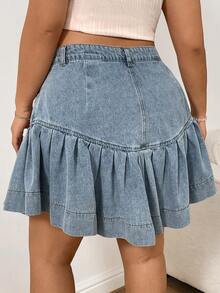 Sunnyshic Jupe mini en jean bleu marine à volants pour femmes grandes tailles - Bleu azur - Voir 2