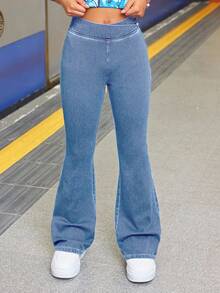 SHEIN Teen Girl Asymmetric Waist Casual Everyday Elastic Denim Flare Pants - Light Wash - View 3