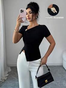 Elenzga Women's Solid Color Metal Decor Ruched Asymmetrical Hem Fashionable Versatile Date Short Sleeve T-Shirt - Black - View 3