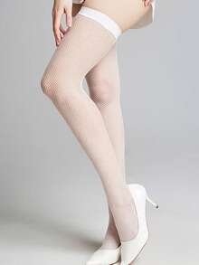 ROMWE Anime 1双暗黑哥特朋克骷髅印花过膝袜 Y2k 辣妹甜美酷女孩丝袜 - 黑與白 - 查看 4