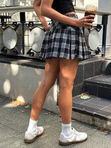 SHEIN EZwear 格子百褶裙 - 黑與白 - 查看 2