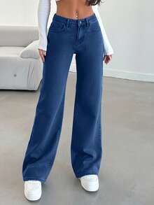 SHEIN Tall 100%纯棉低腰黑色直筒长裤 - 中等水洗藍 - 查看 4