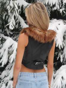 Women's Vintage Edgy Runway V-Neck Fluffy Cropped Jacket With Asymmetric Hem PU Leather In Fall/Winter