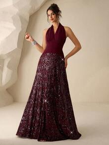 Coutiva Luxury Sequin Embellished Formal Gown, High-End Elegant Party Dress - Burgundy - View 4