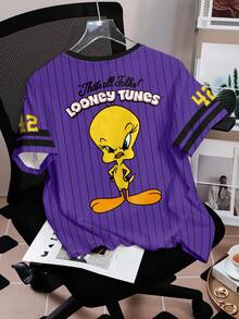 LOONEY TUNES X SHEIN Women's Casual Fashionable Street Cute Cartoon Letter & Stripe Print Short Sleeve T-Shirt, Summer - White - View 2