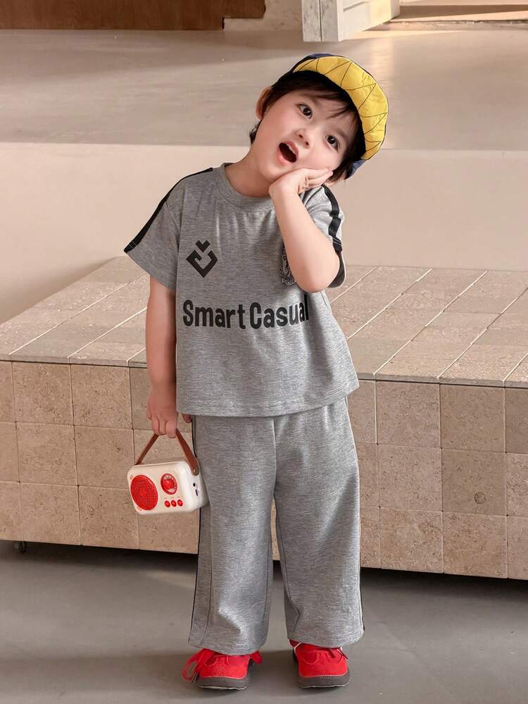 2pcs Toddler Boys Letter Print Short Sleeve T-Shirt And Long Pants Set