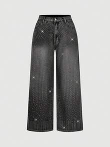 SHEIN MOD 大码时尚水洗做旧水钻装饰阔腿牛仔裤 - 黑色 - 查看 7
