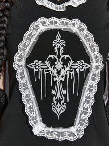 ROMWE Gothic Doll Cross Contrast Lace Bodycon T-Shirt - Black - View 6