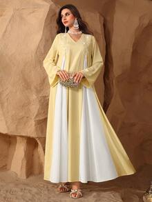 Al Najma Contrast Color Embroidered Applique V-Neck Elegant Long Sleeve Dress - Yellow - View 6