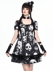 ROMWE Đầm ngắn kiểu Gothic phù thủy đen tối, phối ren, in hình búp bê dành cho nữ. - màu đen - Xem 2