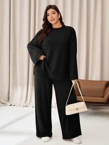 Auralis Conjunto de Duas Peças Feminino Plus Size de Outono/Inverno, Casual, Confortável, Versátil, Afunilado, Top de Manga Flare Preta e Calça Pantalona, Conjunto de Outono, Look de Aeroporto, Conjunto de Calças, Estilo Simples - Preto - Visão 4