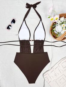 Swim Chiccia Women's Summer New Solid Color Halter Tie Backless Ruched One-Piece Swimsuit - Brown - View 2